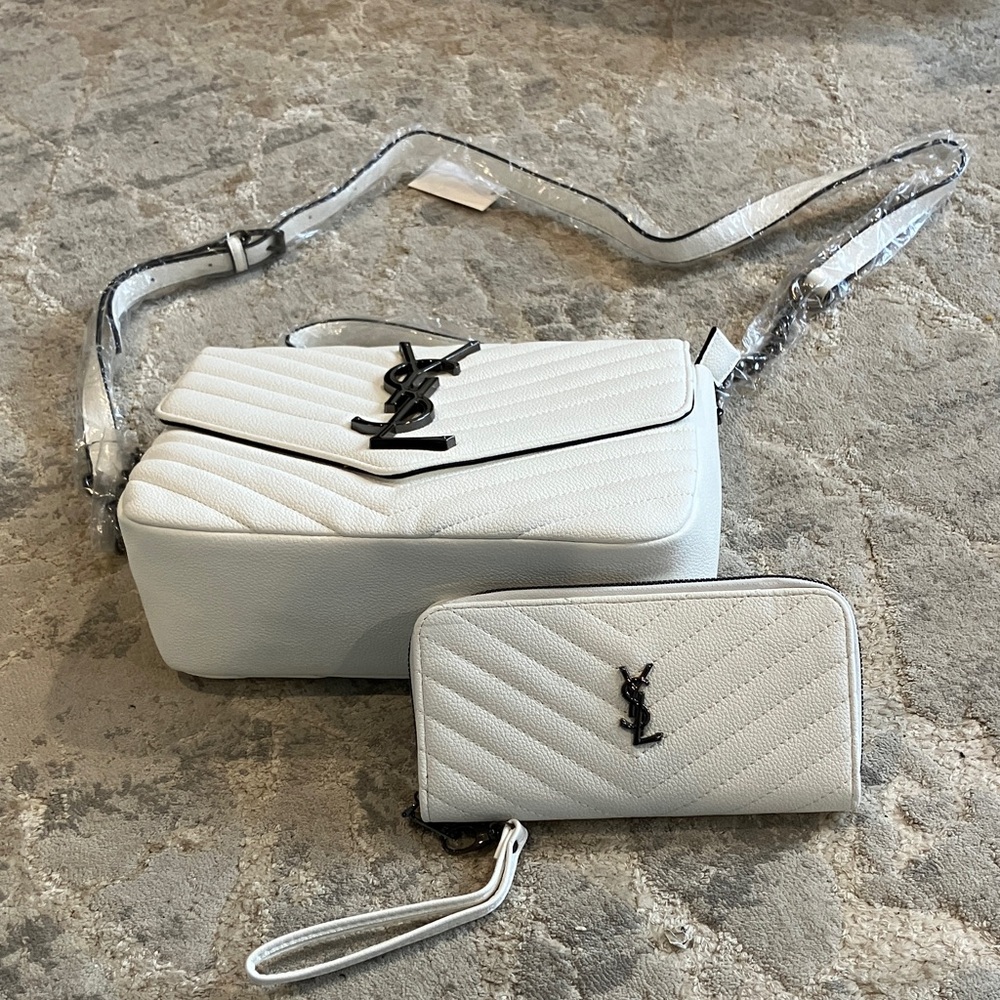White Quilted Chevron Crossbody Bag with Matching Wallet